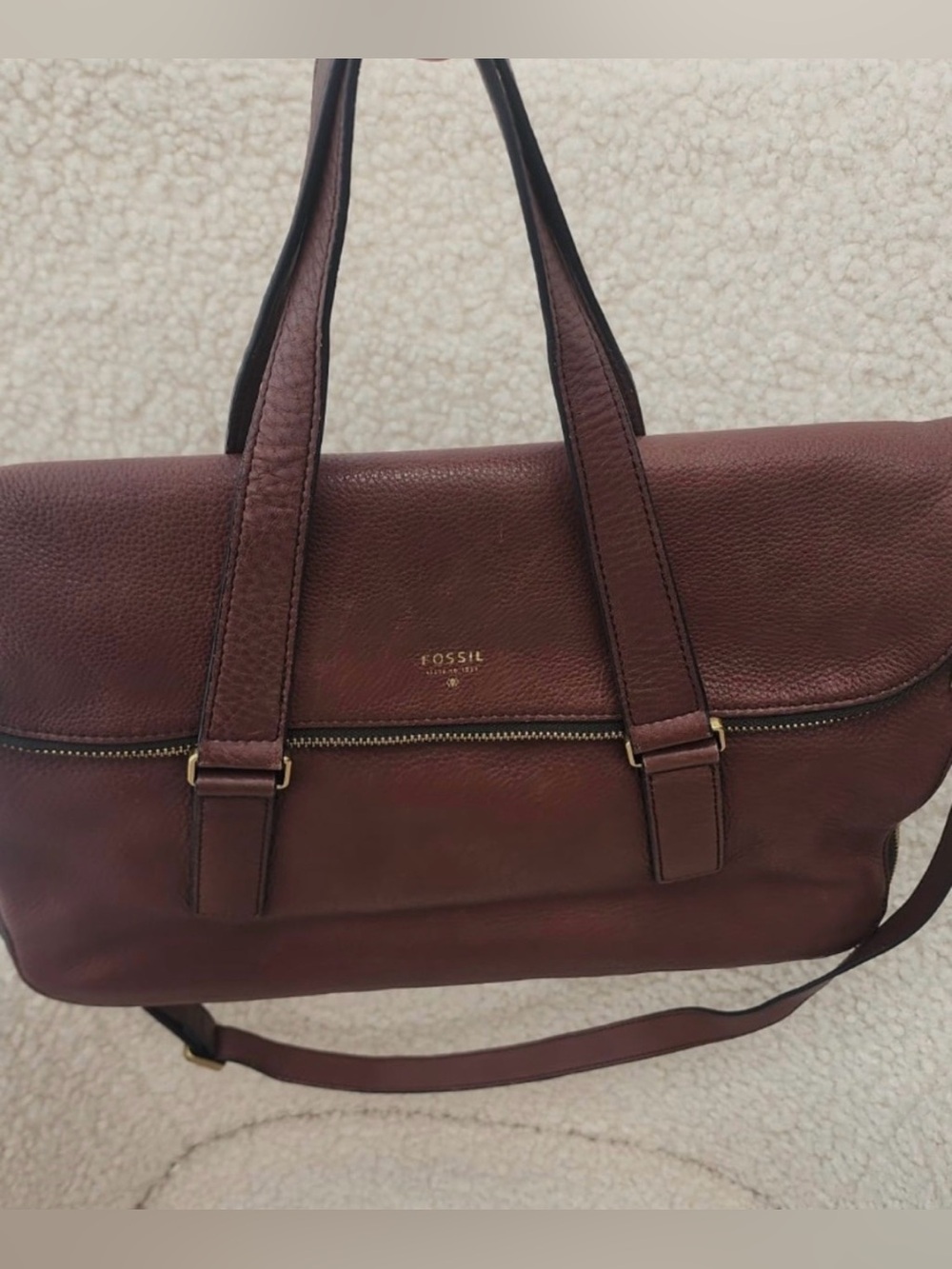 Fossil Roan Pebbled Leather Manuscript Messenger Fold Over Expandable Bag